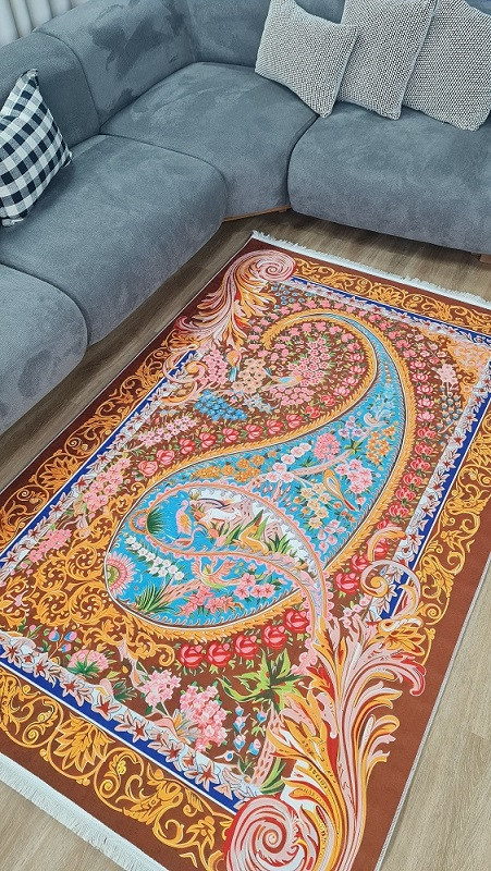 فرشینه طرح فرش ابریشمی کد A021 مخمل تُرک زیره استُپ دار، نرم و لطیف
